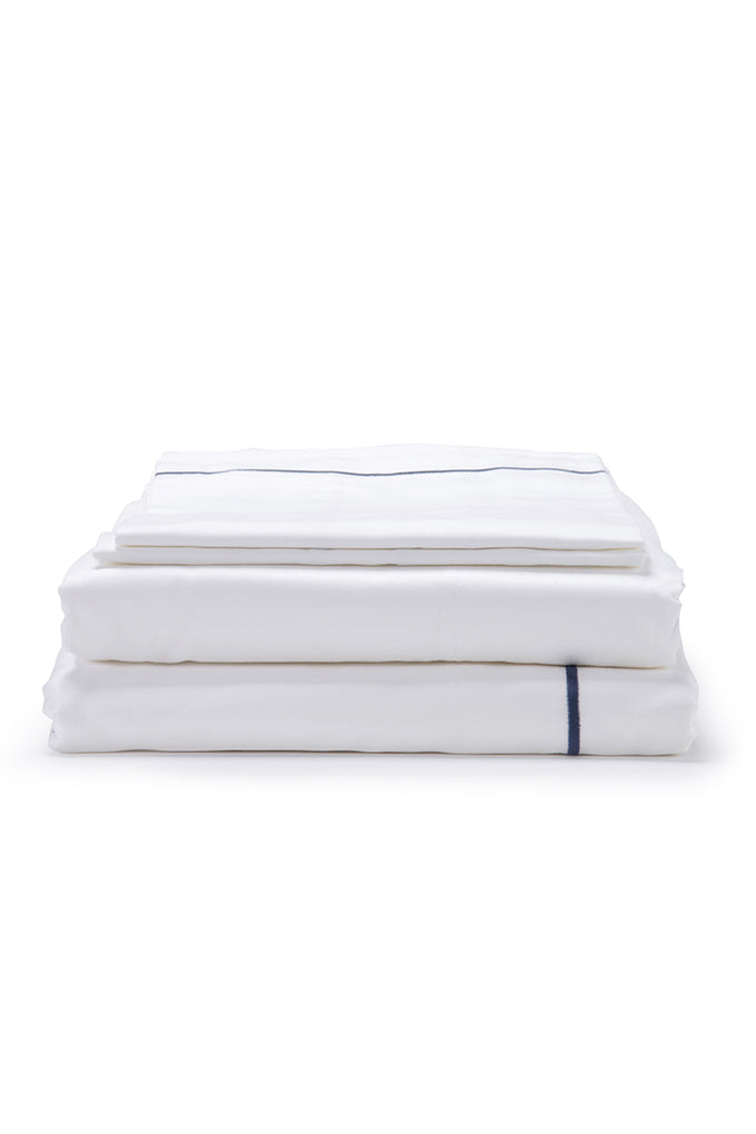 White with Navy Marrow Embroidery Organic Cotton Sateen Weave Bedding Set COTTSBURY