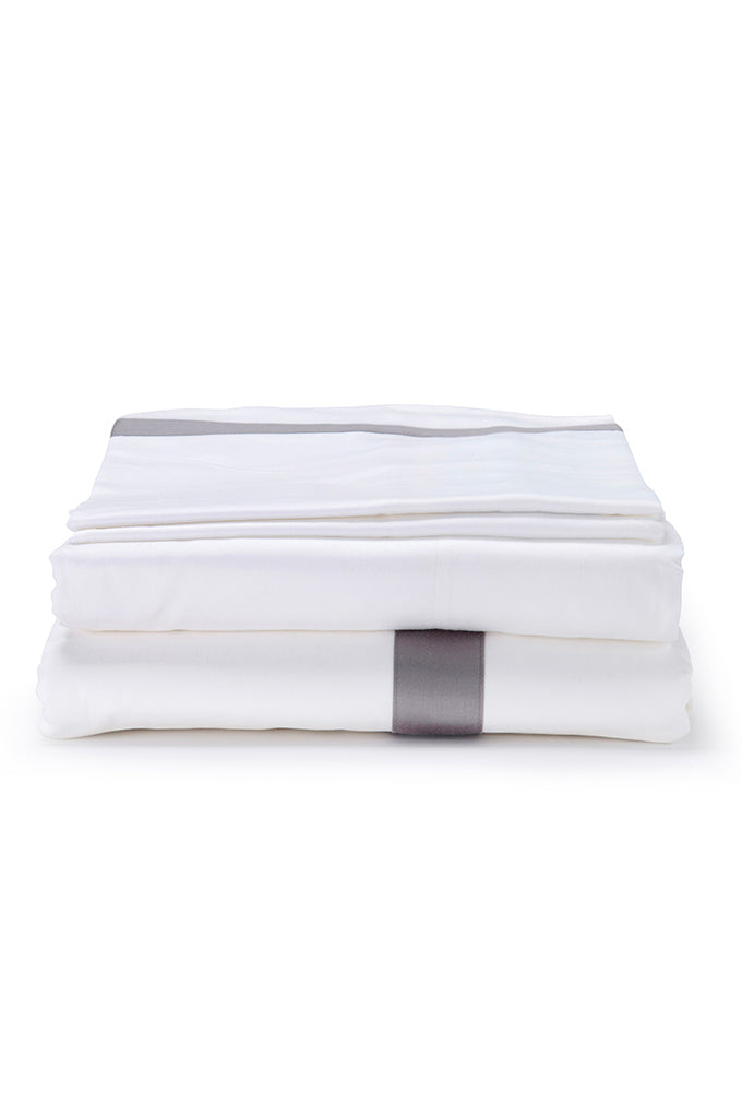 White with Dark Grey Single Band Organic Cotton Sateen Weave Bedding Set COTTSBURY