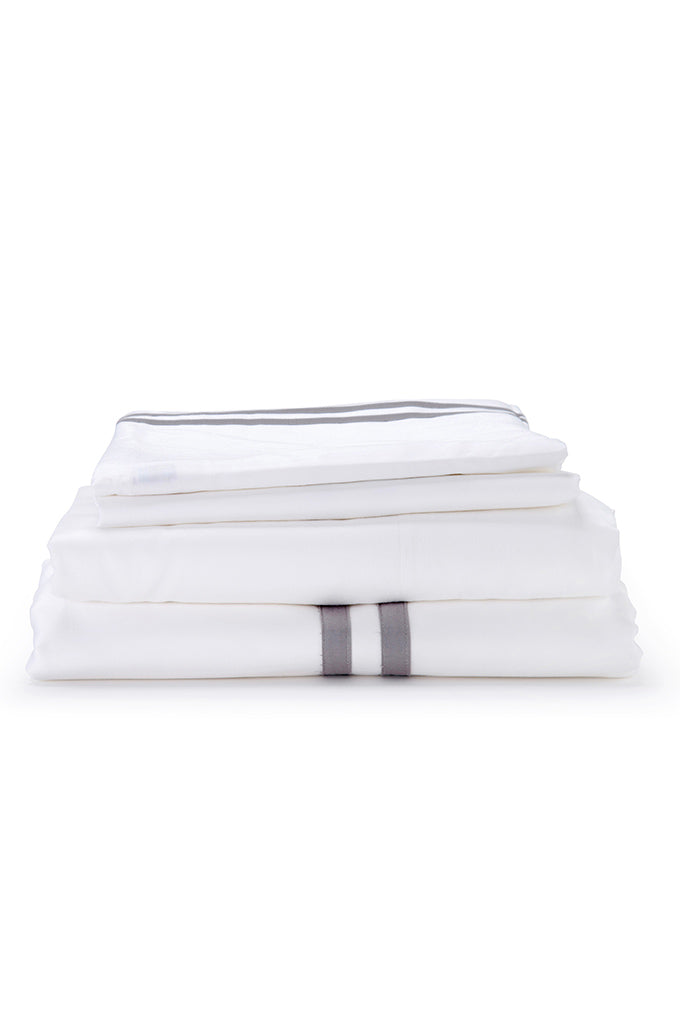 White with Grey Twin Band Organic Cotton  Sateen Weave Bedding Set COTTSBURY