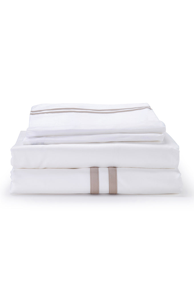 White with Taupe Twin Band Organic Cotton Sateen weave Bedding Set COTTSBURY