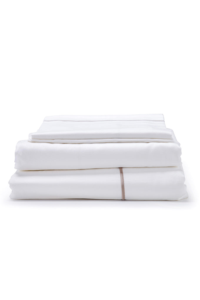 White with Taupe Marrow Embroidery Organic Cotton Sateen Weave Bedding Set COTTSBURY
