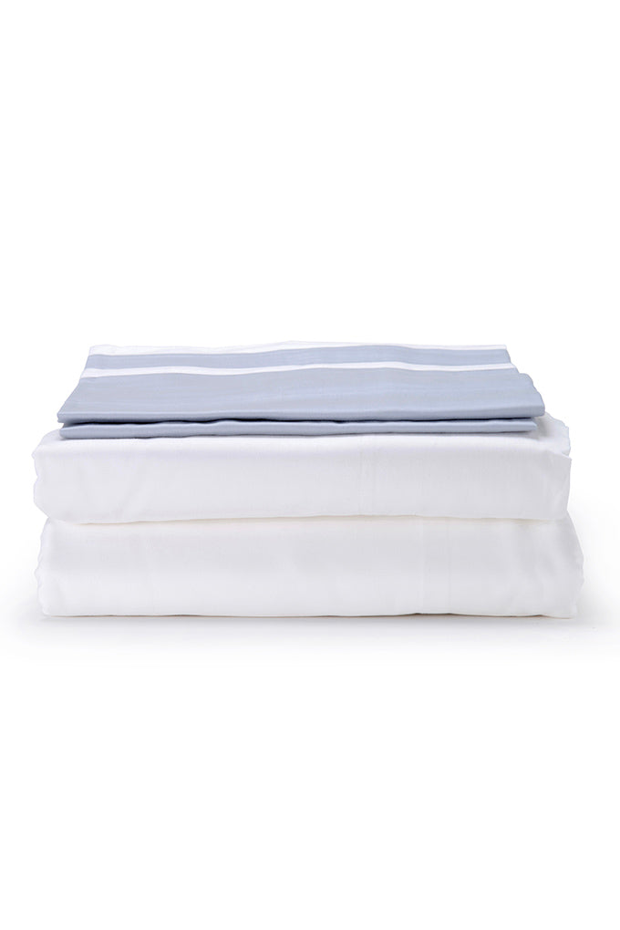 White with Serene Blue Block Panel Organic Cotton Sateen Weave Bedding Set Cottsbury