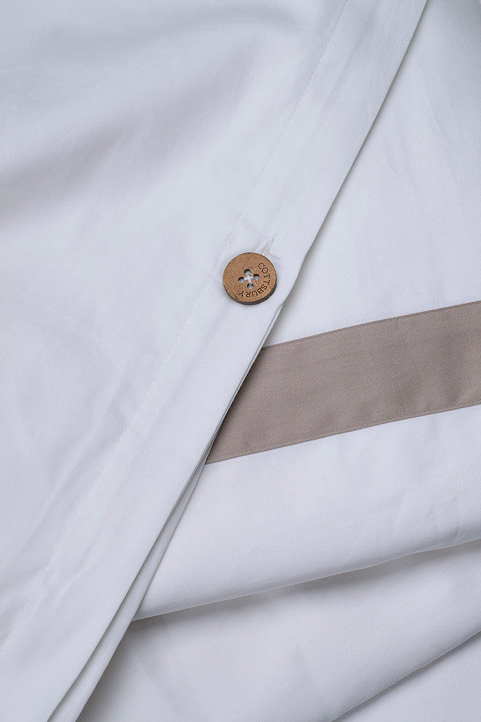 White with Taupe Single Band Organic Cotton Sateen Weave Bedding Set