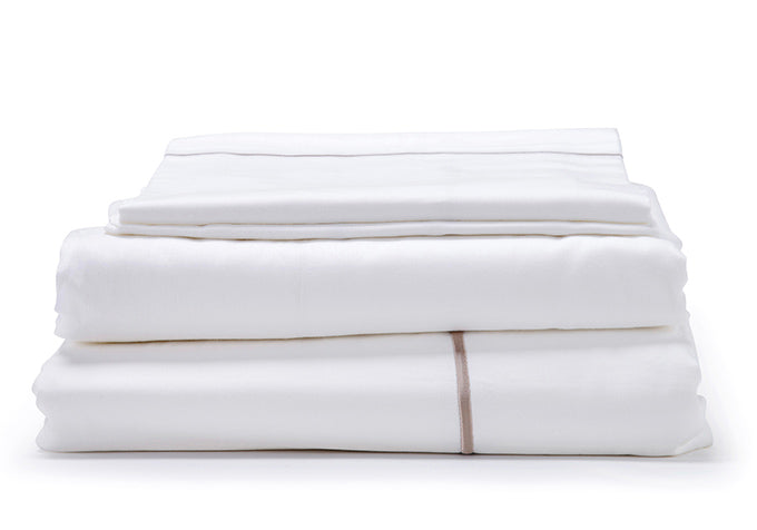 White with Taupe Marrow Embroidery Organic Cotton Sateen Weave Bedding Set COTTSBURY