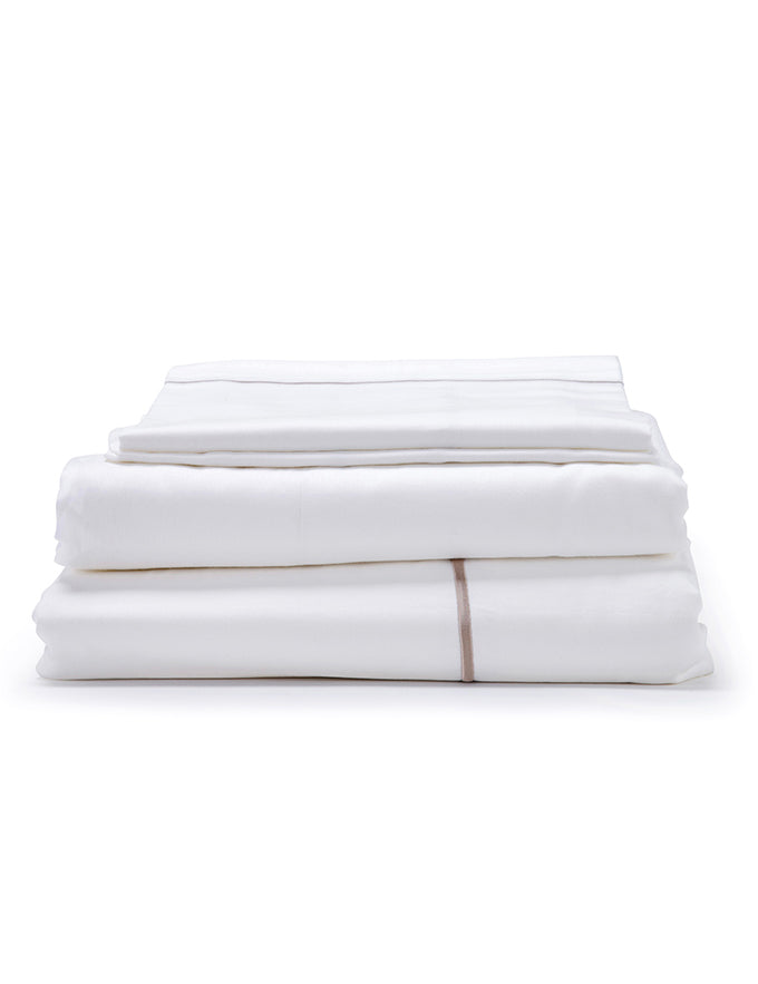 White with Taupe Marrow Embroidery Organic Cotton Sateen Weave Bedding Set COTTSBURY