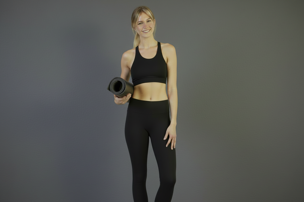 Women in yoga studio holding yoga mat wearing organic cotton leggings, tights full length 