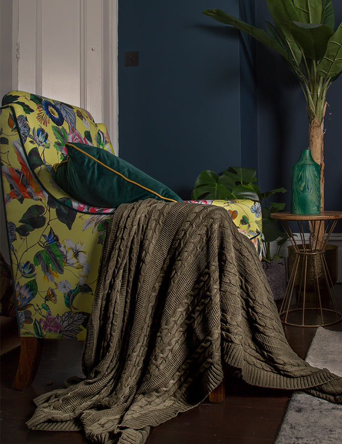 Military Green Organic Cotton Cable Knit Throw