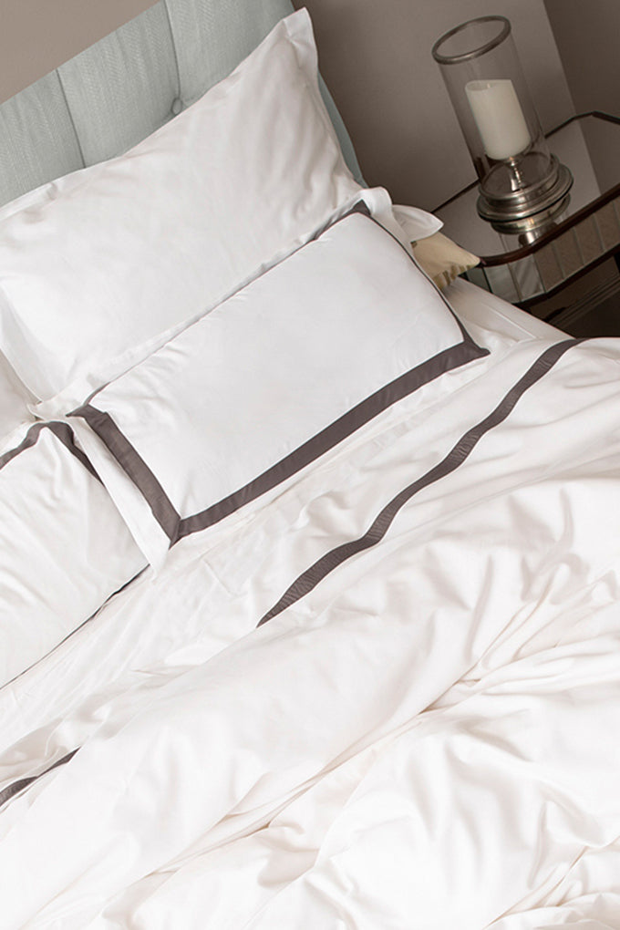 White with Dark Grey Single Band Organic Cotton Sateen Weave Bedding Set
