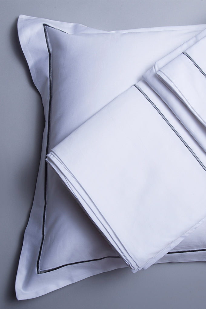 White with Grey Marrow Embroidery Organic Cotton Sateen Weave Bedding Set