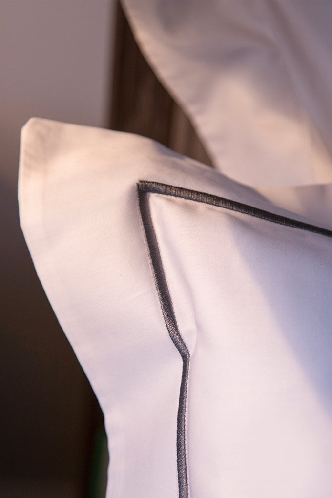 White with Grey Marrow Embroidery Organic Cotton Sateen Weave Bedding Set