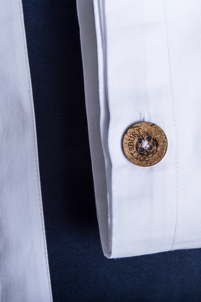 White with Navy Block Panel Organic Cotton Sateen Weave Bedding Set