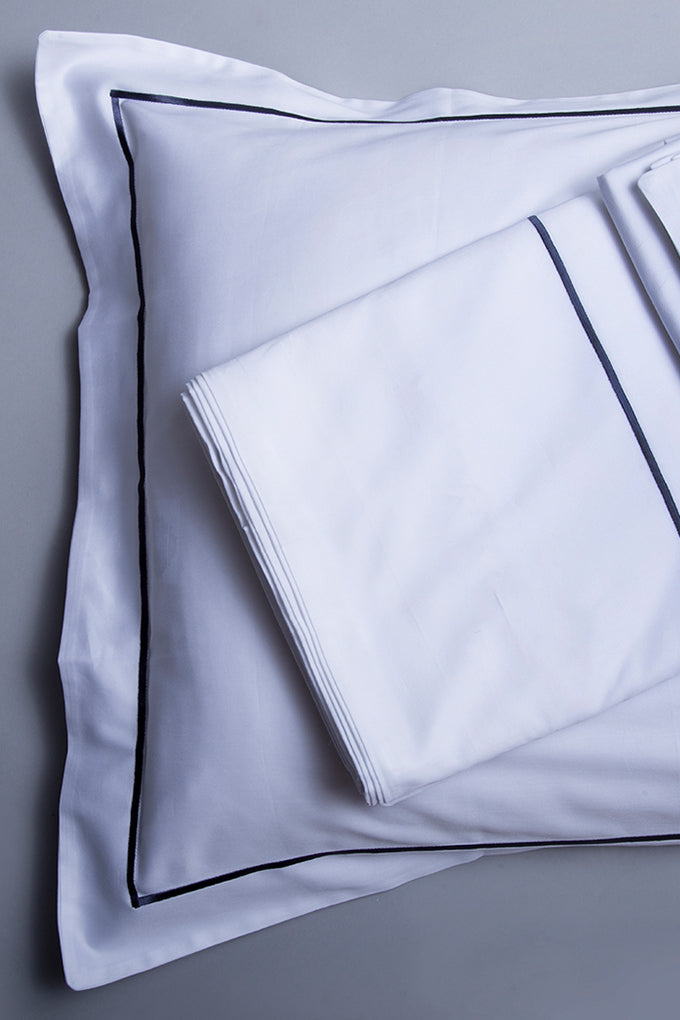 White with Navy Marrow Embroidery Organic Cotton Sateen Weave Bedding Set