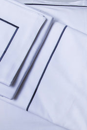 White with Navy Marrow Embroidery Organic Cotton Sateen Weave Bedding Set