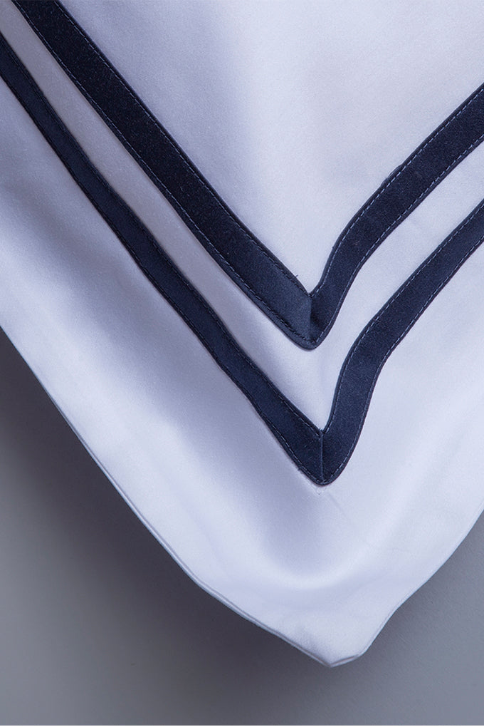 White with Navy Twin Band Organic Cotton Sateen Weave Bedding Set