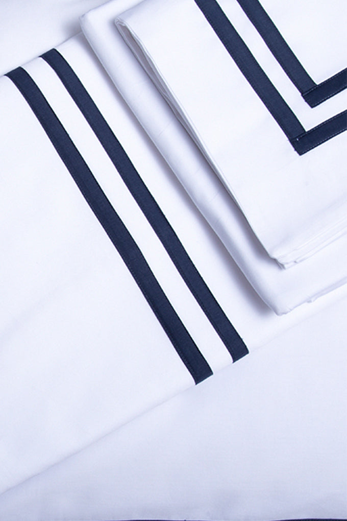 White with Navy Twin Band Organic Cotton Sateen Weave Bedding Set