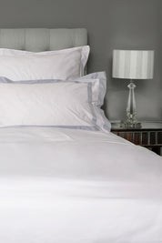 White with Serene Blue Block Panel Organic Cotton Sateen Weave Bedding Set