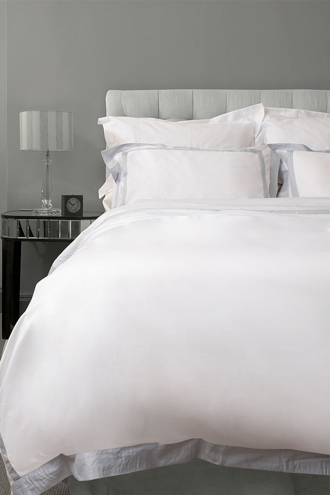 White with Serene Blue Block Panel Organic Cotton Sateen Weave Bedding Set