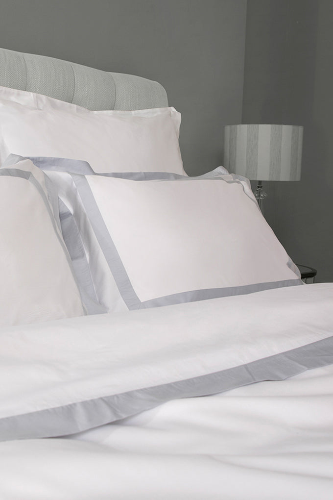 White with Serene Blue Block Panel Organic Cotton Sateen Weave Bedding Set