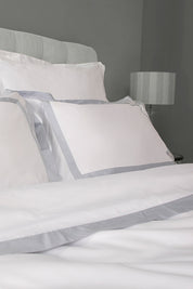 White with Serene Blue Block Panel Organic Cotton Sateen Weave Bedding Set