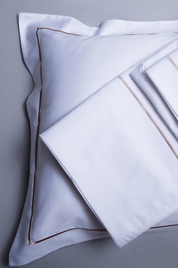 White with Taupe Marrow Embroidery Organic Cotton Sateen Weave Bedding Set