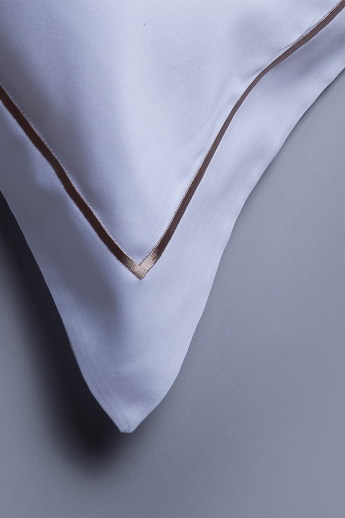 White with Taupe Marrow Embroidery Organic Cotton Sateen Weave Bedding Set