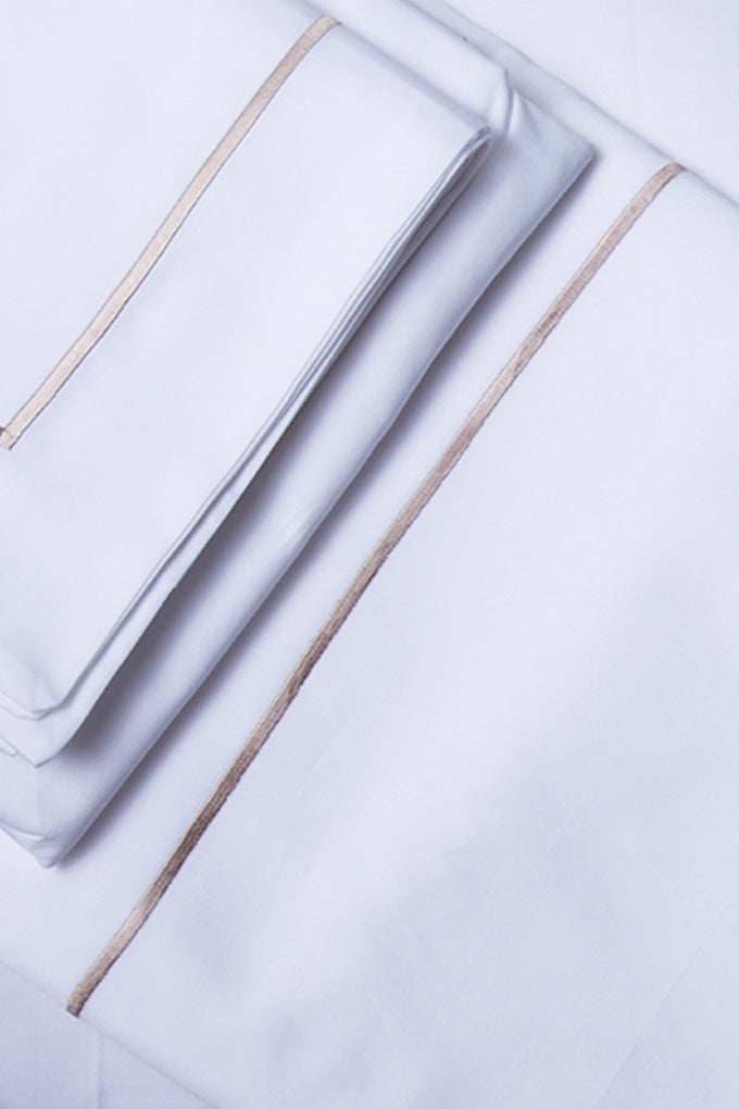 White with Taupe Marrow Embroidery Organic Cotton Sateen Weave Bedding Set