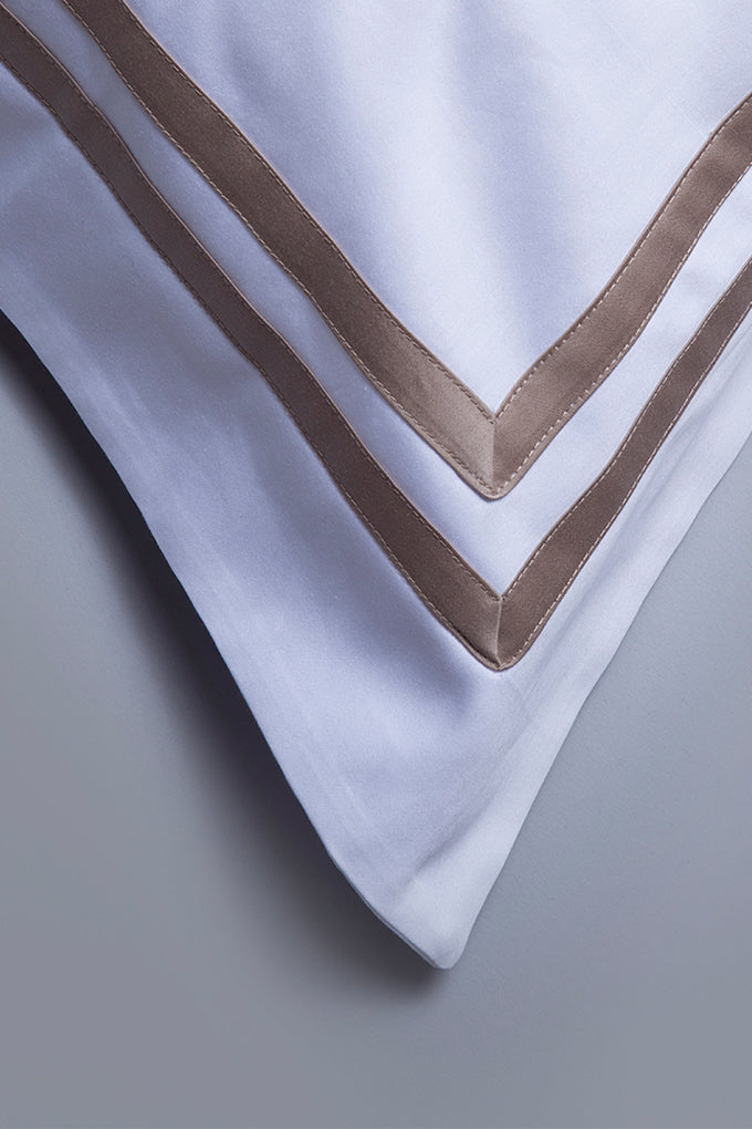 White with Taupe Twin Band Organic Cotton Sateen weave Bedding Set