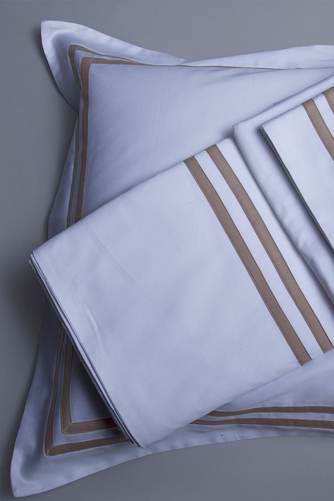 White with Taupe Twin Band Organic Cotton Sateen weave Bedding Set